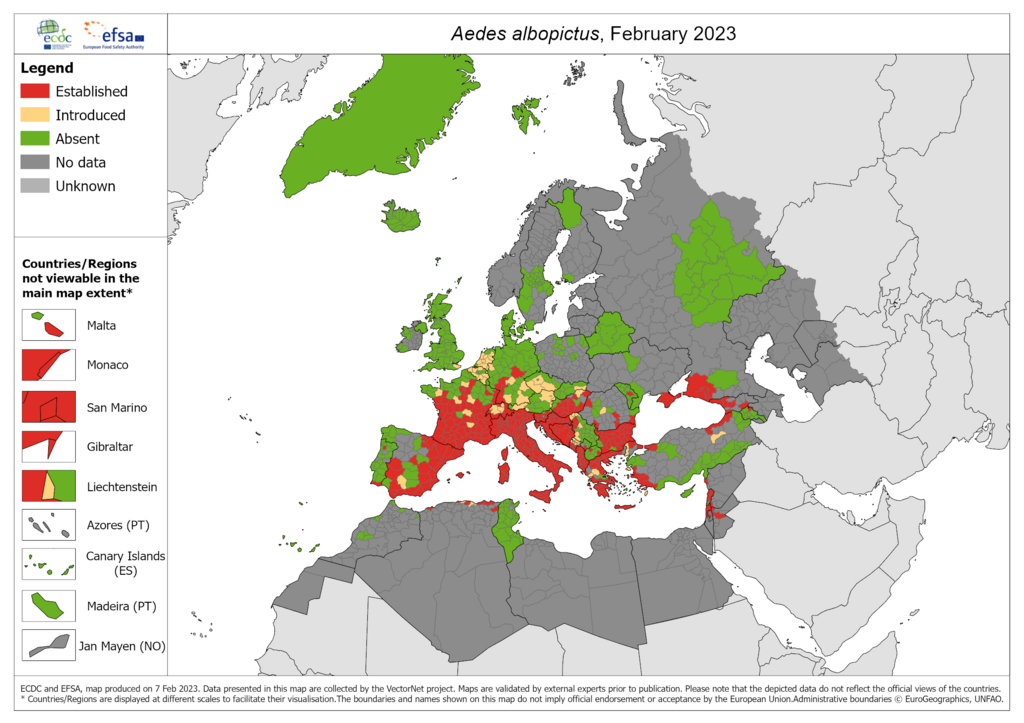 Karte: Verbreitung der Tigermücke in Europa